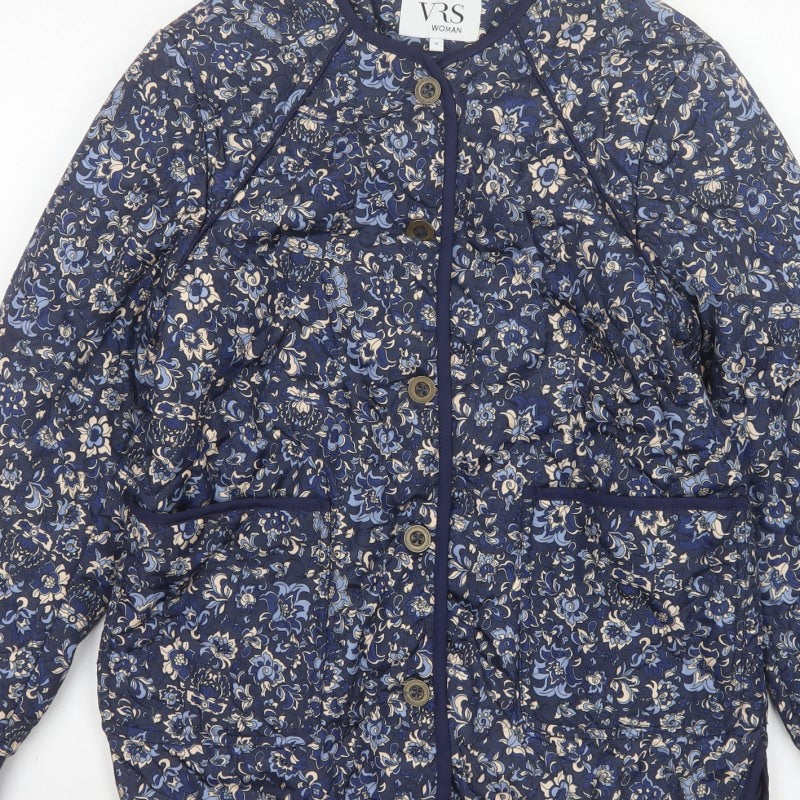 VRS Woman Women's Blue Floral Quilted Jacket Size S Button Padded