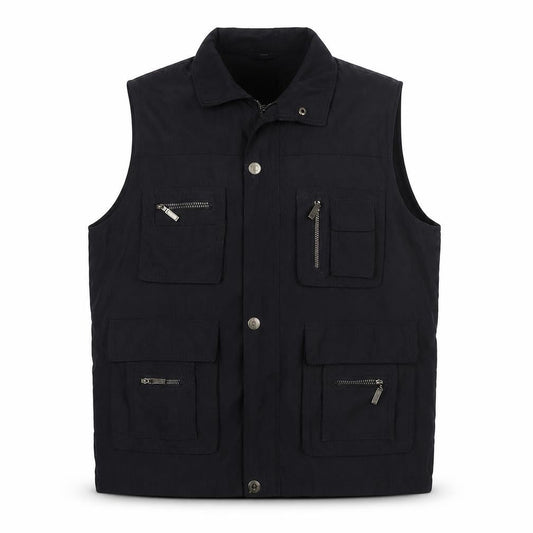 Front view of Mian Men’s Black XL Utility Waistcoat Zip Pocket Stand Collar