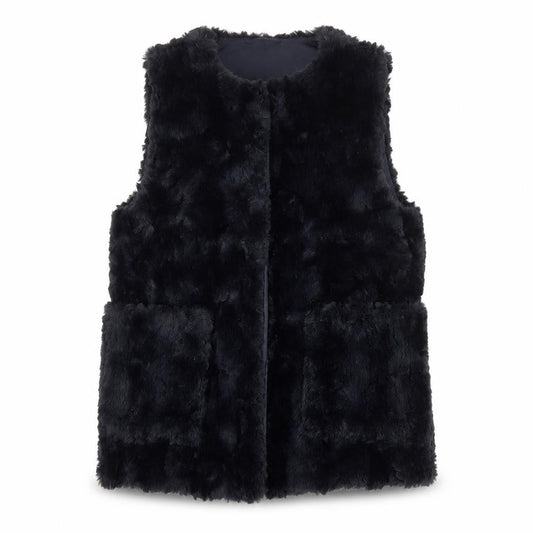 Front view of Zara girls’ black basic jacket 11-12 years faux fur lined waistcoat