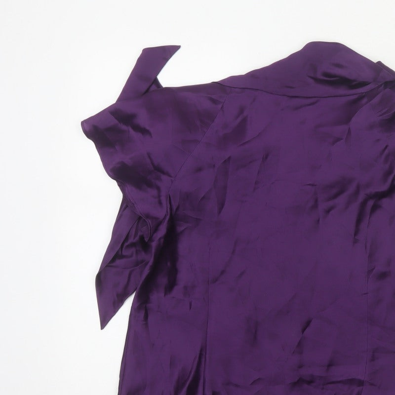 Laura Ashley Women Purple UK 16 Silk Wrap Blouse Tie Neck Flutter Sleeve