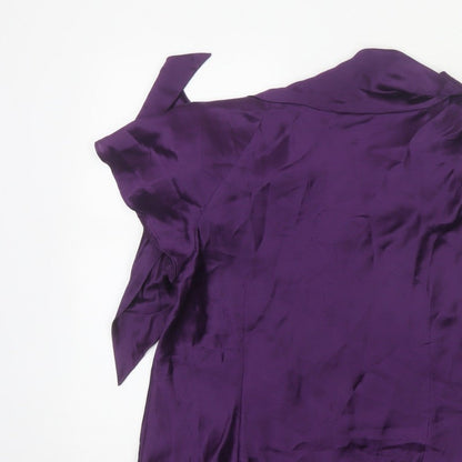 Laura Ashley Women Purple UK 16 Silk Wrap Blouse Tie Neck Flutter Sleeve