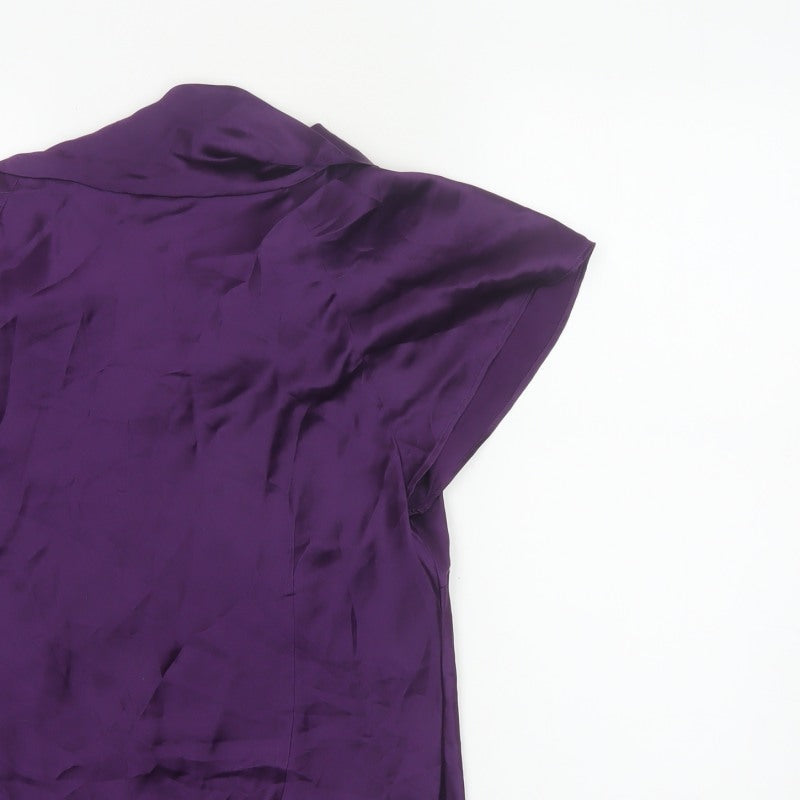 Laura Ashley Women Purple UK 16 Silk Wrap Blouse Tie Neck Flutter Sleeve