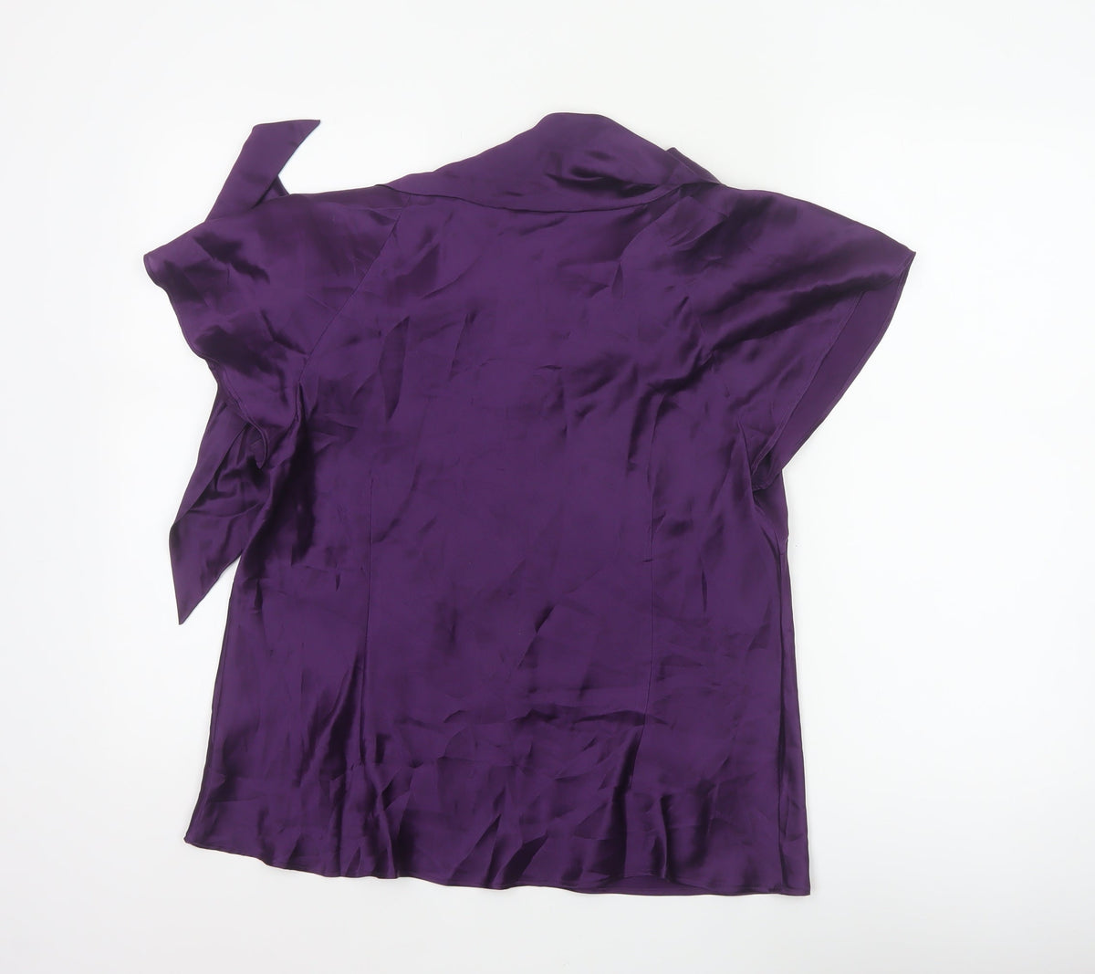 Laura Ashley Women Purple UK 16 Silk Wrap Blouse Tie Neck Flutter Sleeve