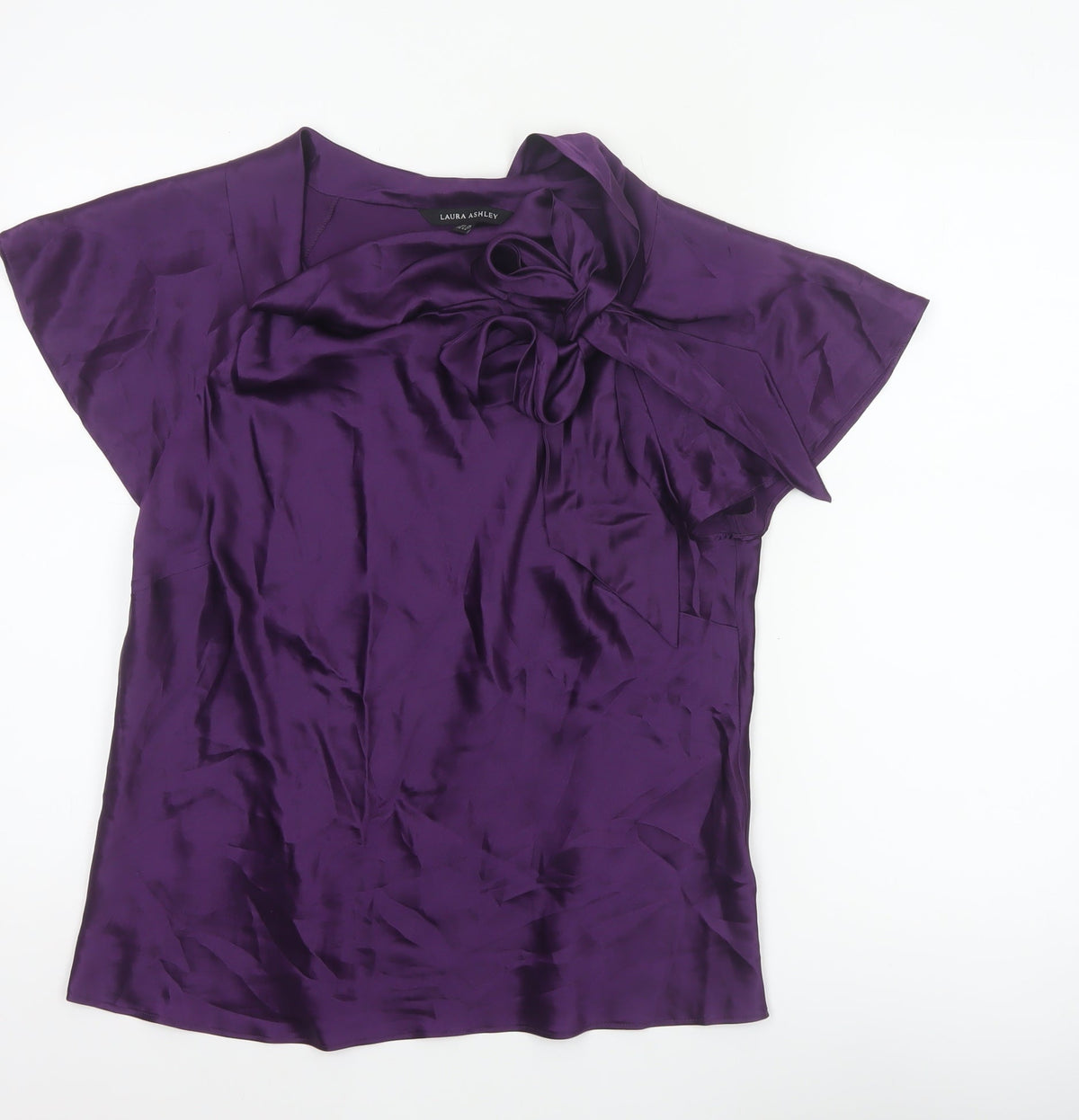 Laura Ashley Women Purple UK 16 Silk Wrap Blouse Tie Neck Flutter Sleeve