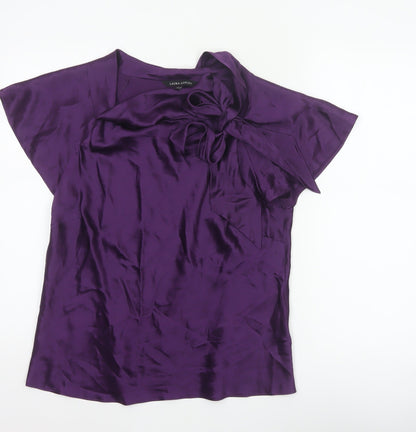 Laura Ashley Women Purple UK 16 Silk Wrap Blouse Tie Neck Flutter Sleeve