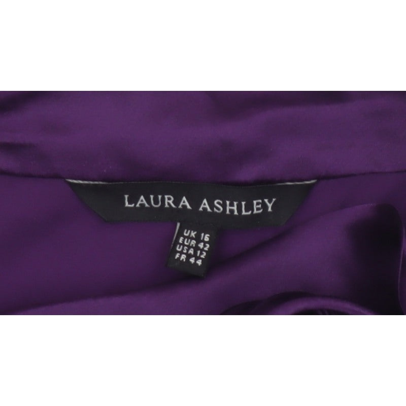 Laura Ashley Women Purple UK 16 Silk Wrap Blouse Tie Neck Flutter Sleeve