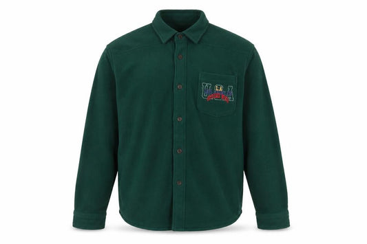 Front view of ASOS Design Men’s Green M Fleece Button-Up LA Embroidered Shirt