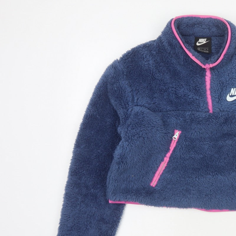 Nike Women’s Blue XS 1/4 Zip Sherpa Fleece Sweatshirt Pink Trim
