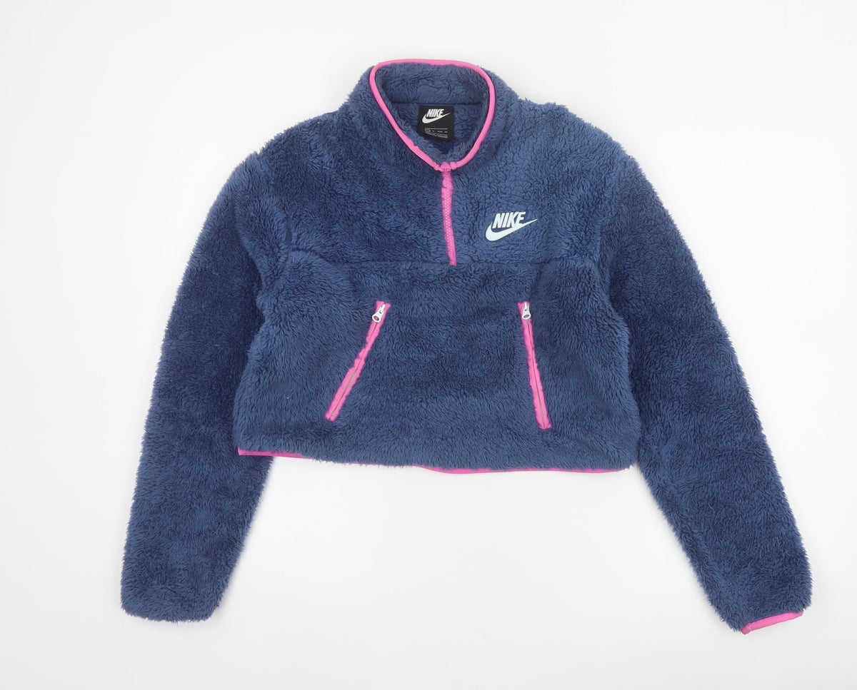 Nike Women’s Blue XS 1/4 Zip Sherpa Fleece Sweatshirt Pink Trim