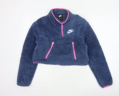 Nike Women’s Blue XS 1/4 Zip Sherpa Fleece Sweatshirt Pink Trim