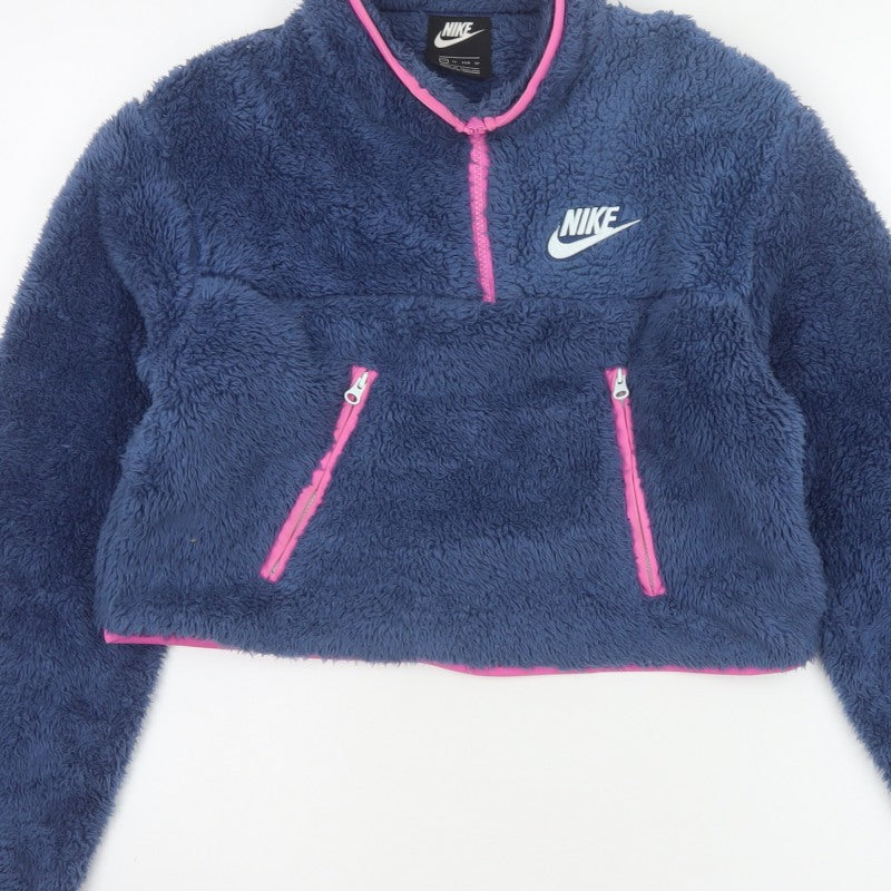 Nike Women’s Blue XS 1/4 Zip Sherpa Fleece Sweatshirt Pink Trim