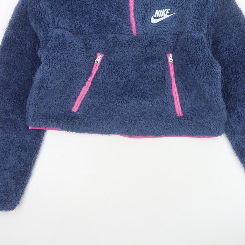 Nike Women’s Blue XS 1/4 Zip Sherpa Fleece Sweatshirt Pink Trim