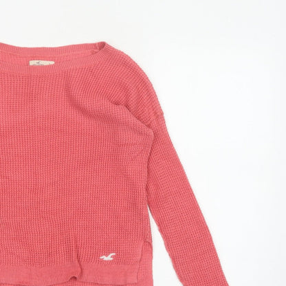 Hollister Women Pink S Waffle Knit Crew Neck Logo Pullover Jumper