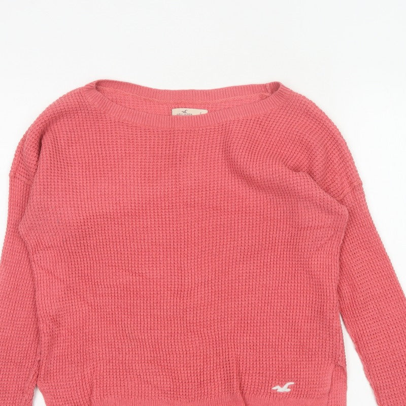 Hollister Women Pink S Waffle Knit Crew Neck Logo Pullover Jumper