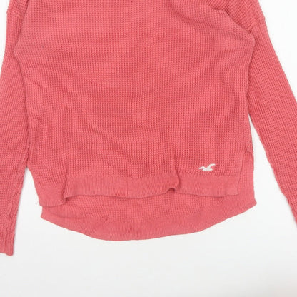 Hollister Women Pink S Waffle Knit Crew Neck Logo Pullover Jumper