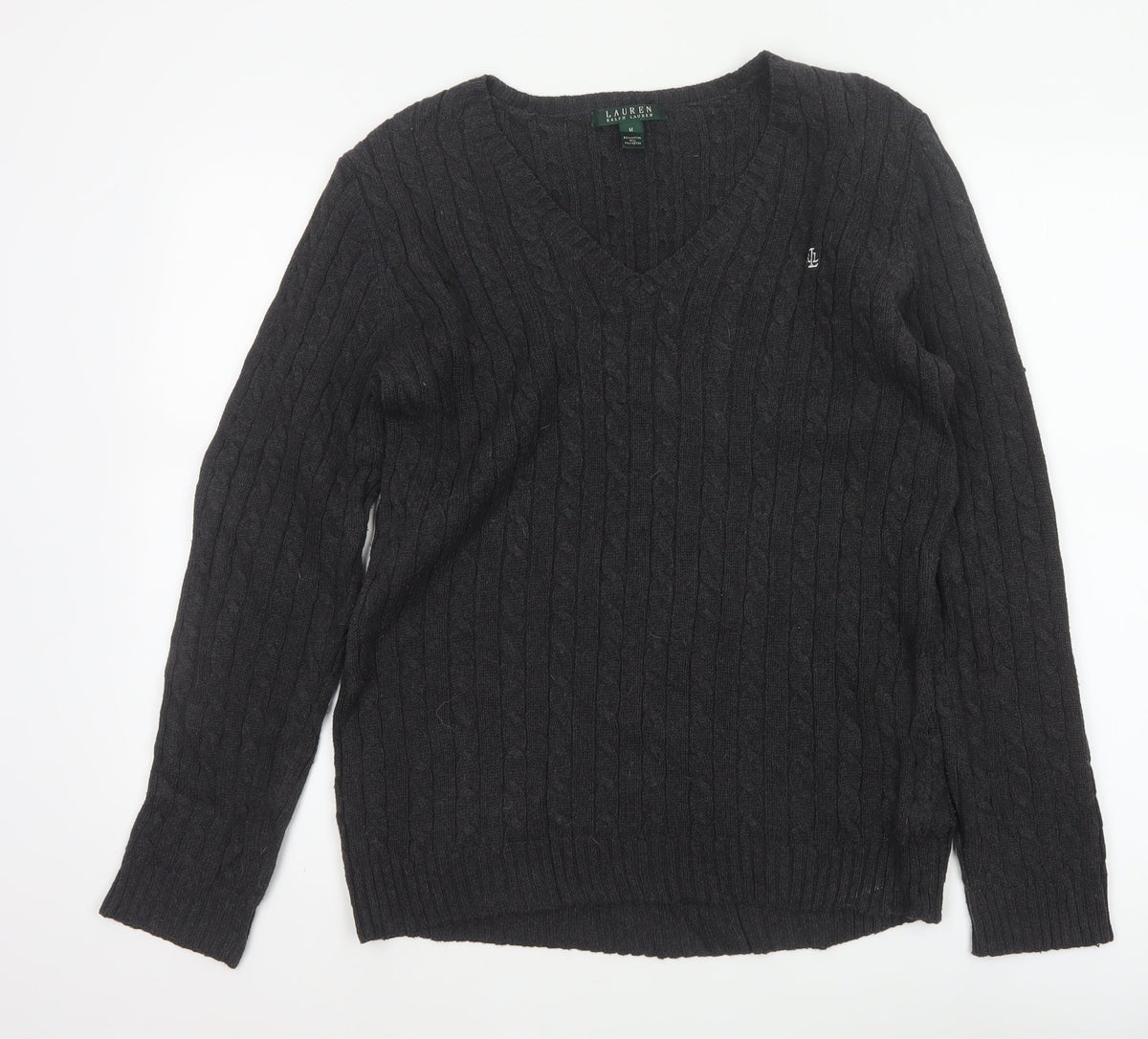 Lauren Ralph Lauren Men Black M Cable Knit V-Neck Logo Jumper