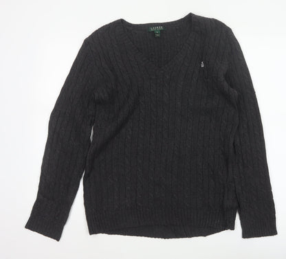 Lauren Ralph Lauren Men Black M Cable Knit V-Neck Logo Jumper