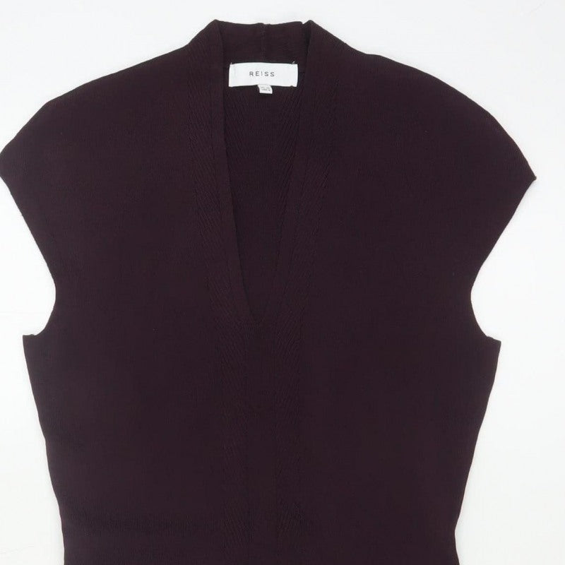 Reiss Women Purple UK 10 Bodycon Knit Knee Length V-Neck Dress