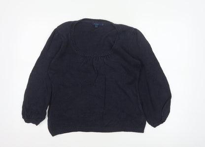 Boden Women Blue UK 12 Linen Silk Cable Knit Scoop Neck Balloon Sleeve Jumper