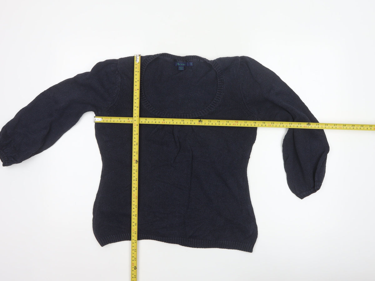Boden Women Blue UK 12 Linen Silk Cable Knit Scoop Neck Balloon Sleeve Jumper