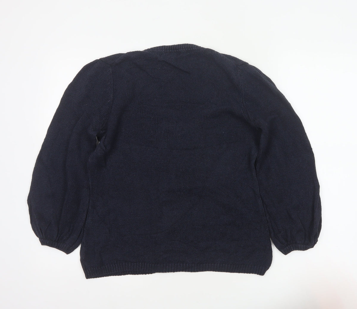 Boden Women Blue UK 12 Linen Silk Cable Knit Scoop Neck Balloon Sleeve Jumper