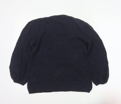 Boden Women Blue UK 12 Linen Silk Cable Knit Scoop Neck Balloon Sleeve Jumper