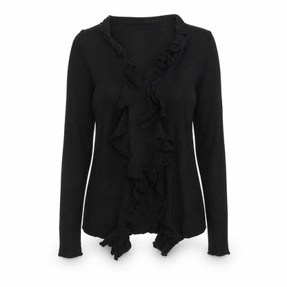 Crew Clothing Co. Women Black Size 10 Ruffle Open Cardigan Cotton Knit