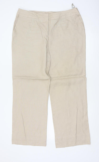 Planet Women Beige UK 14 100% Linen Pleated Straight Tailored Trousers