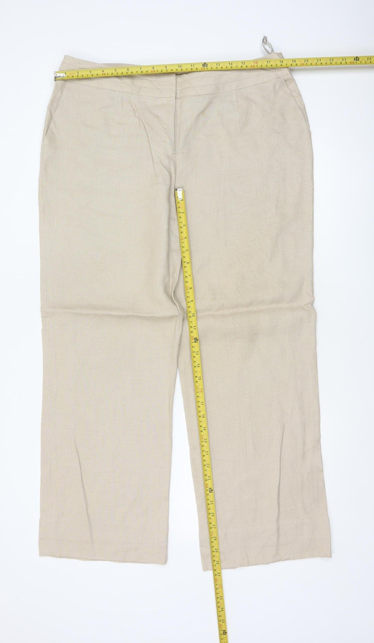 Planet Women Beige UK 14 100% Linen Pleated Straight Tailored Trousers