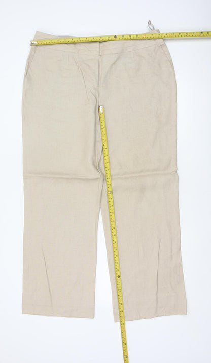 Planet Women Beige UK 14 100% Linen Pleated Straight Tailored Trousers