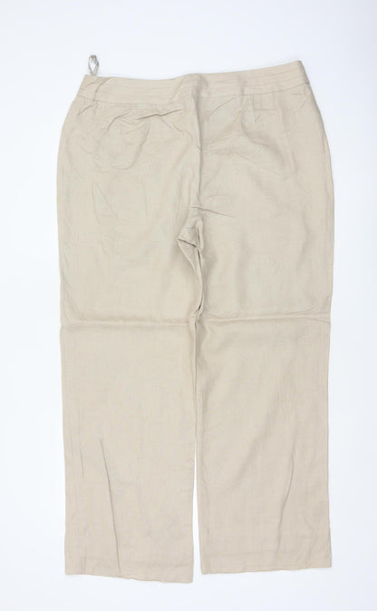 Planet Women Beige UK 14 100% Linen Pleated Straight Tailored Trousers