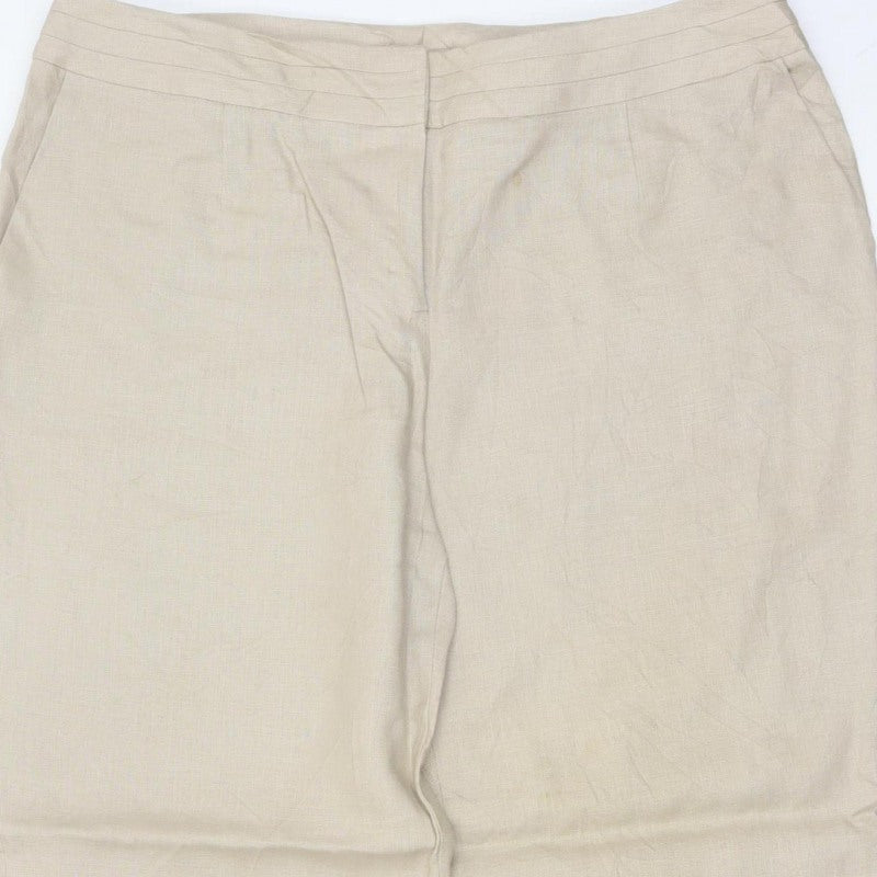 Planet Women Beige UK 14 100% Linen Pleated Straight Tailored Trousers