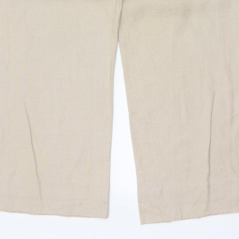 Planet Women Beige UK 14 100% Linen Pleated Straight Tailored Trousers