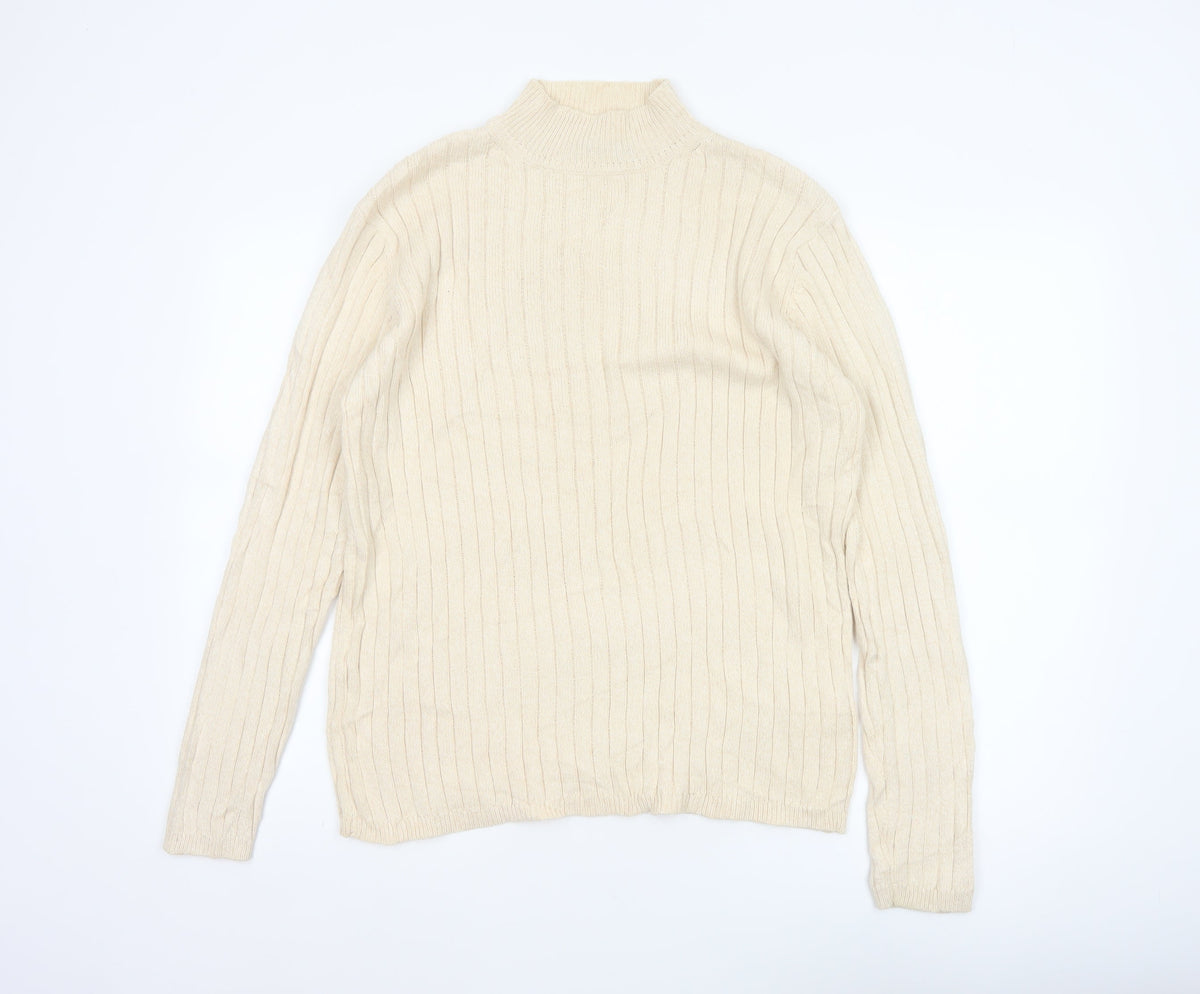 Hawkshead Men’s Ivory Cotton Rib Knit Mock Neck Pullover Jumper L