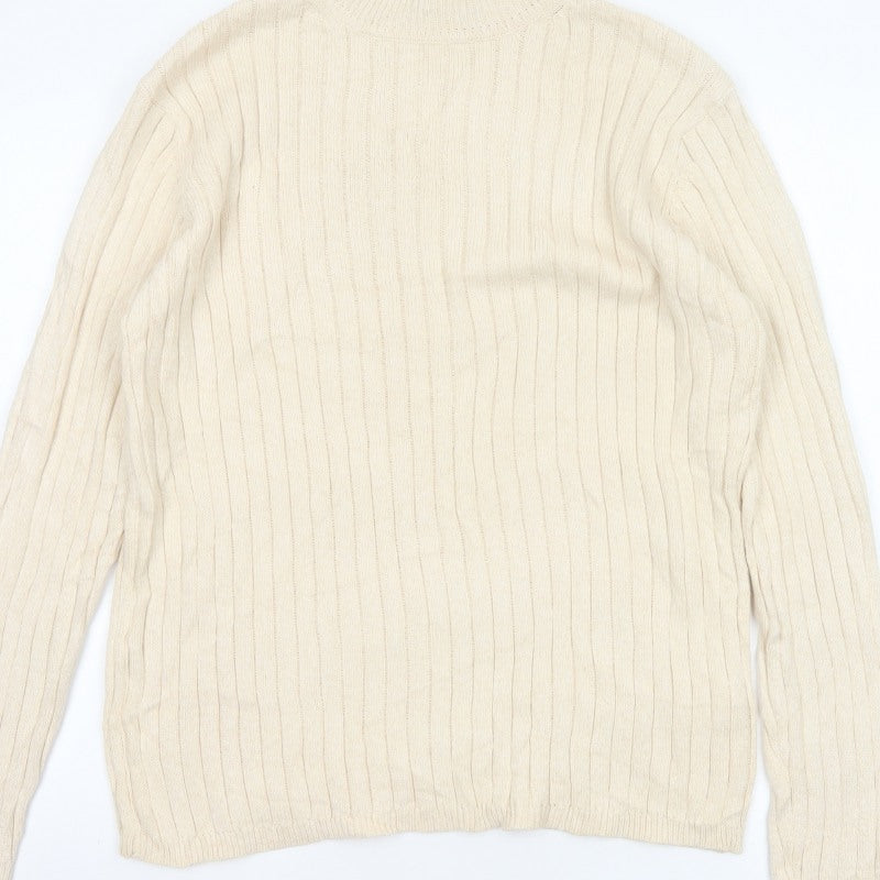Hawkshead Men’s Ivory Cotton Rib Knit Mock Neck Pullover Jumper L