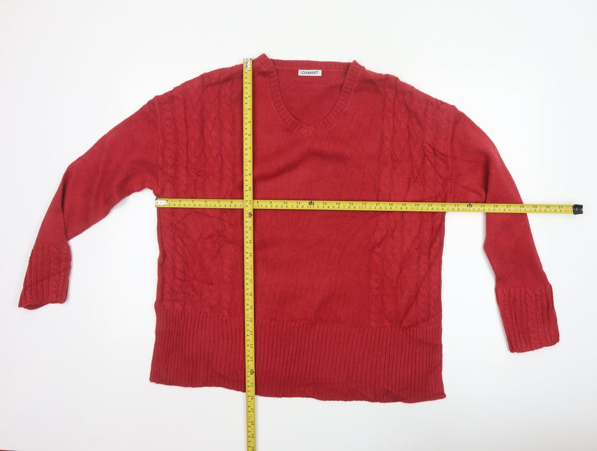 Damart Women Red Cable Knit V-Neck Pullover Jumper UK 16