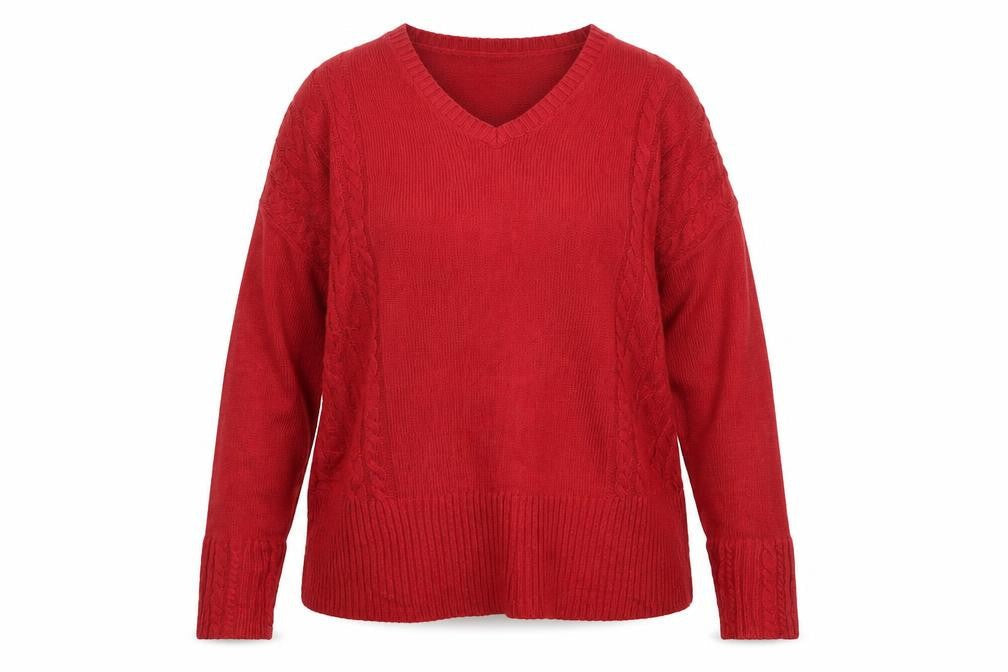 Damart Women Red Cable Knit V-Neck Pullover Jumper UK 16