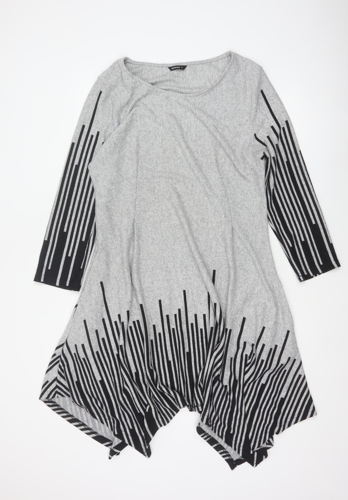 Roman Women Grey Black Stripe Size 18 Trapeze Swing Asymmetric Dress