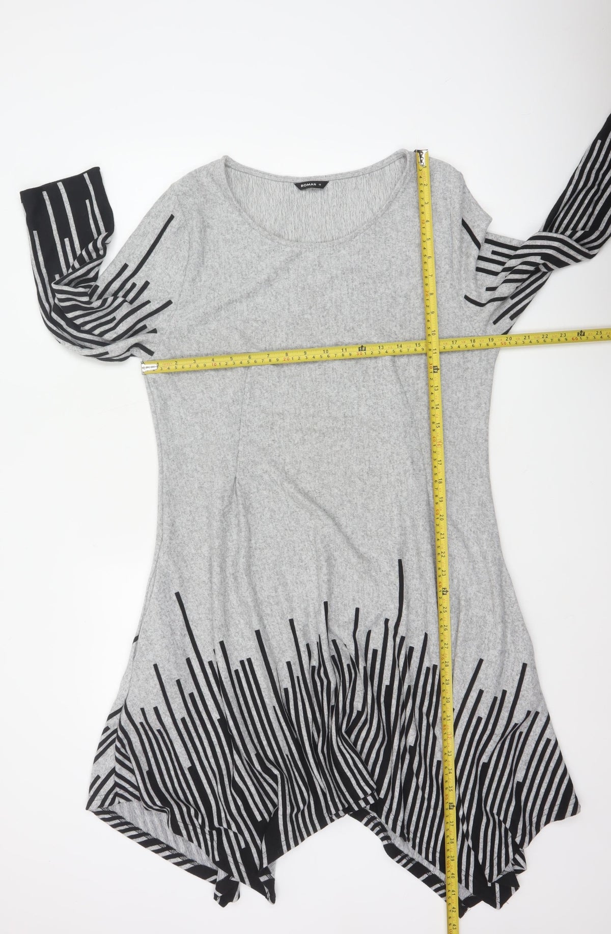 Roman Women Grey Black Stripe Size 18 Trapeze Swing Asymmetric Dress