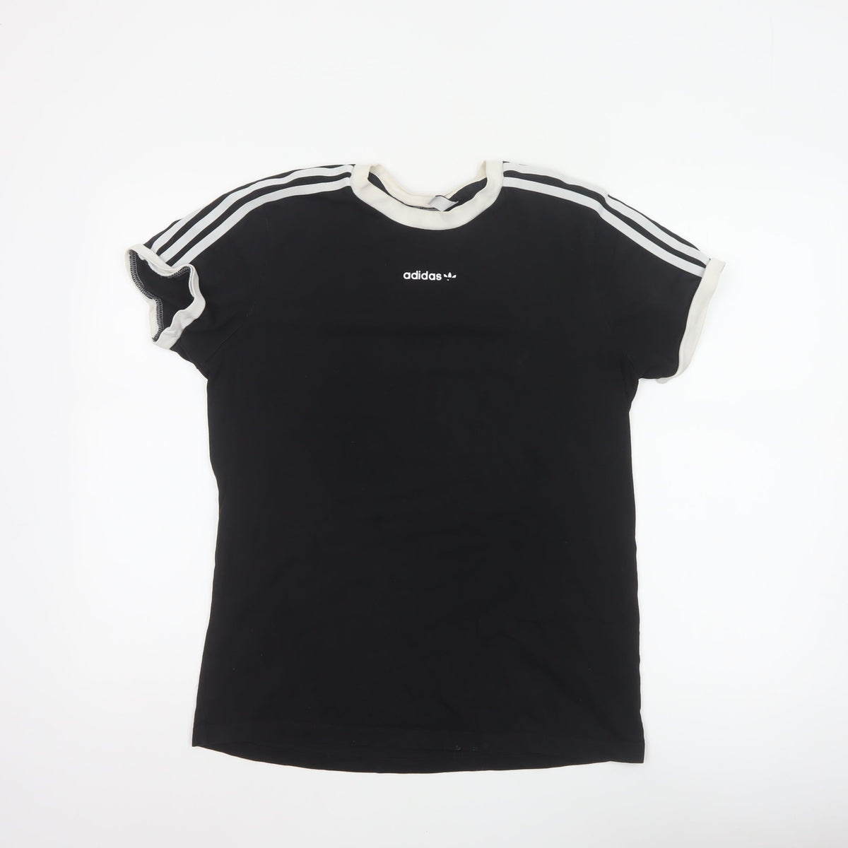 Adidas Women Black UK 10 Ringer Stripe Short Sleeve Cotton T-Shirt