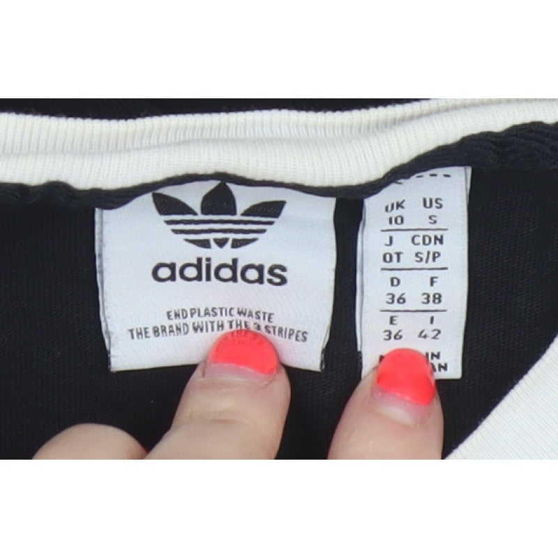 Adidas Women Black UK 10 Ringer Stripe Short Sleeve Cotton T-Shirt