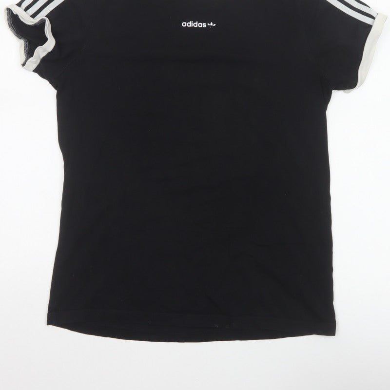 Adidas Women Black UK 10 Ringer Stripe Short Sleeve Cotton T-Shirt