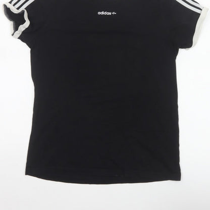 Adidas Women Black UK 10 Ringer Stripe Short Sleeve Cotton T-Shirt