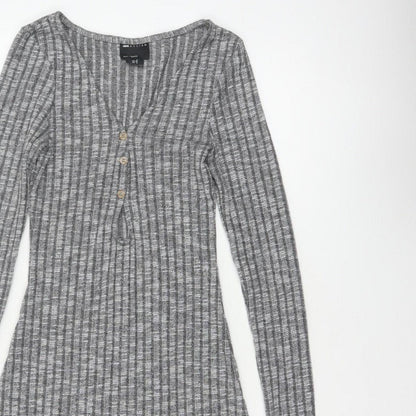 ASOS Design Women Grey Rib Knit Button Skater Dress UK 8