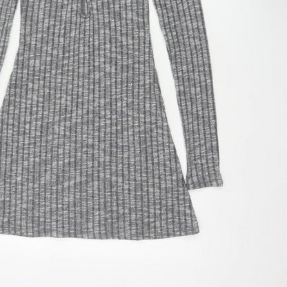 ASOS Design Women Grey Rib Knit Button Skater Dress UK 8