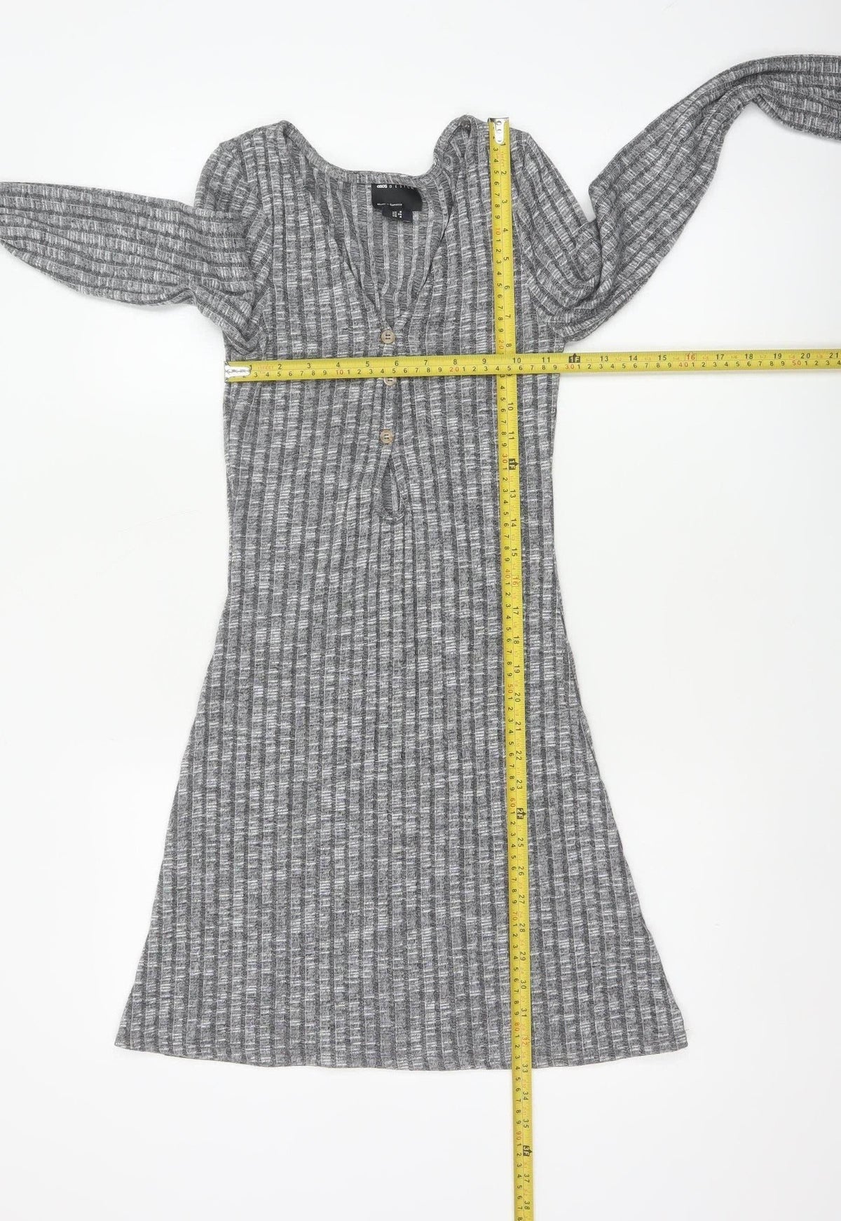 ASOS Design Women Grey Rib Knit Button Skater Dress UK 8