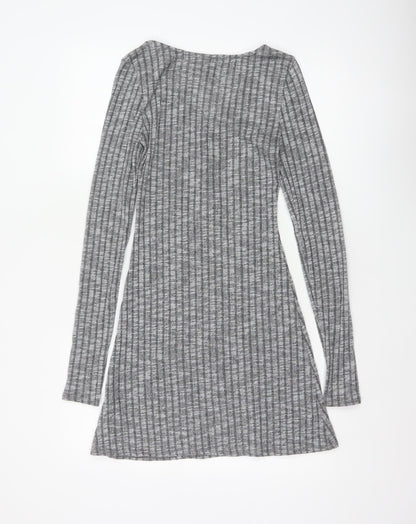 ASOS Design Women Grey Rib Knit Button Skater Dress UK 8