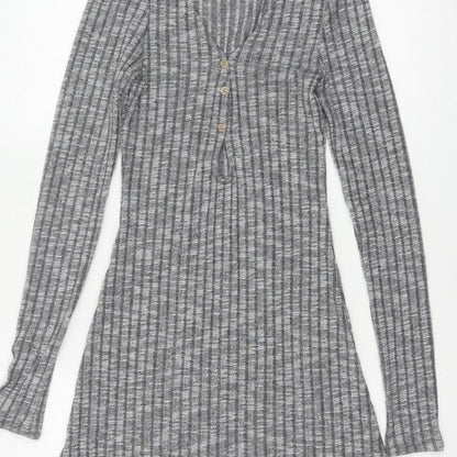 ASOS Design Women Grey Rib Knit Button Skater Dress UK 8