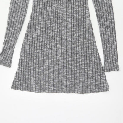 ASOS Design Women Grey Rib Knit Button Skater Dress UK 8