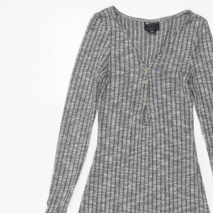 ASOS Design Women Grey Rib Knit Button Skater Dress UK 8